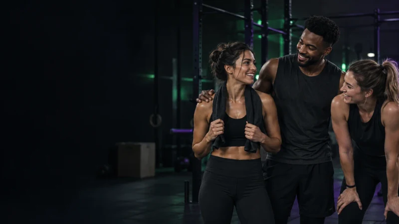 Three athletes in a gym illustrating the Track Record community
