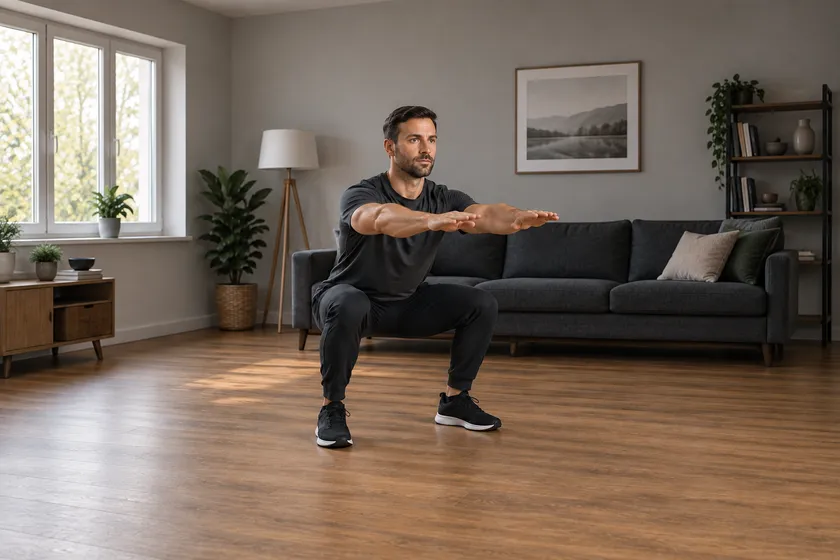 App course illustration: bodyweight squat in a living room